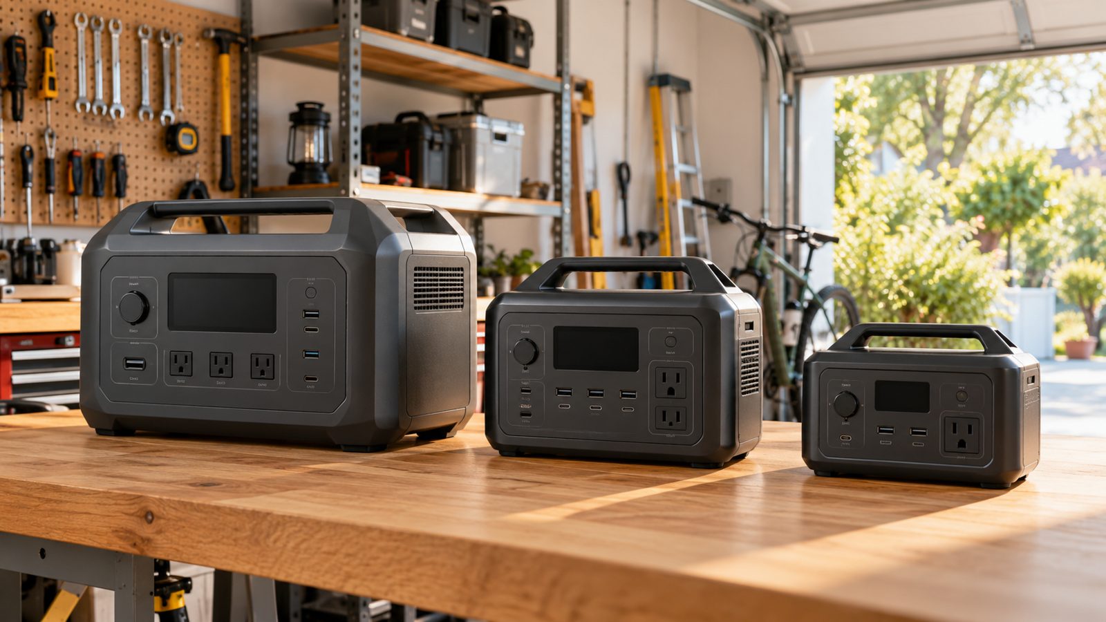 Three unbranded portable power stations of different sizes on a workbench (illustrative)