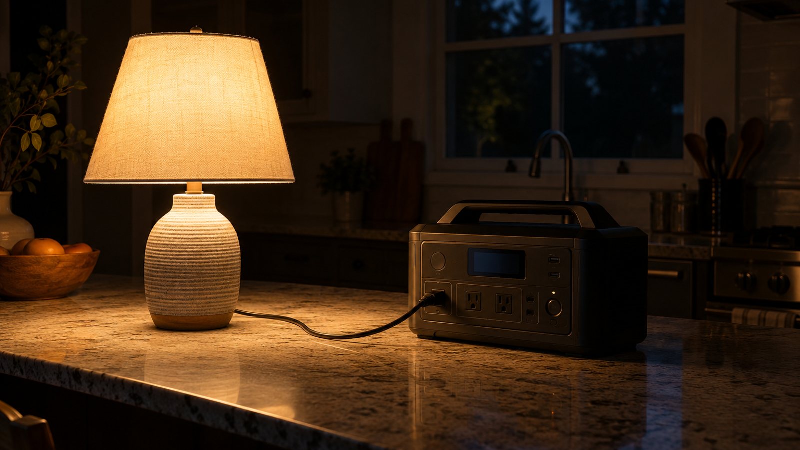 An unbranded power station running a lamp in a dark kitchen (illustrative)
