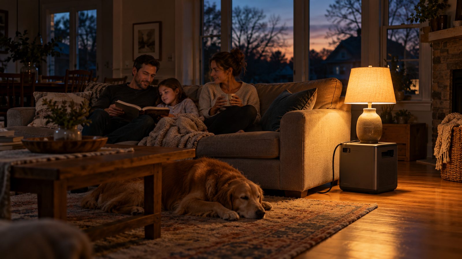 A living room lit by a lamp running from a portable battery during a power outage