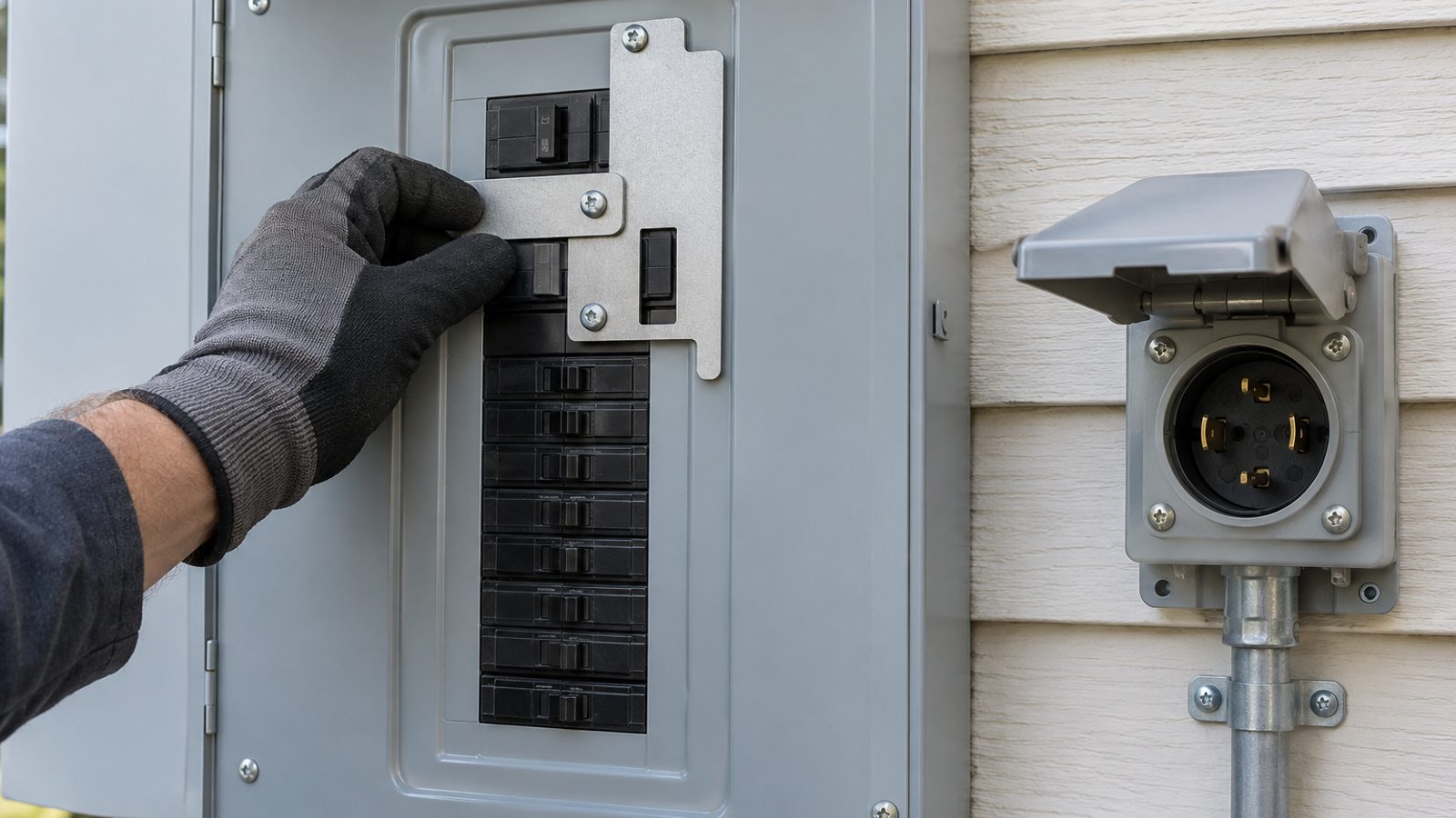 A residential electrical panel with an interlock plate and an outdoor power inlet box (illustrative)