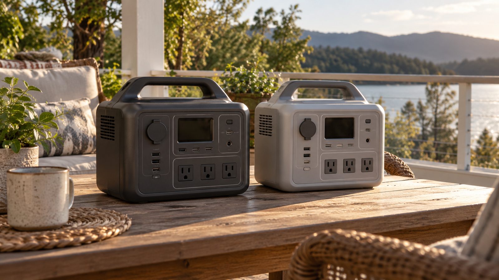 Two unbranded power stations side by side on a porch table